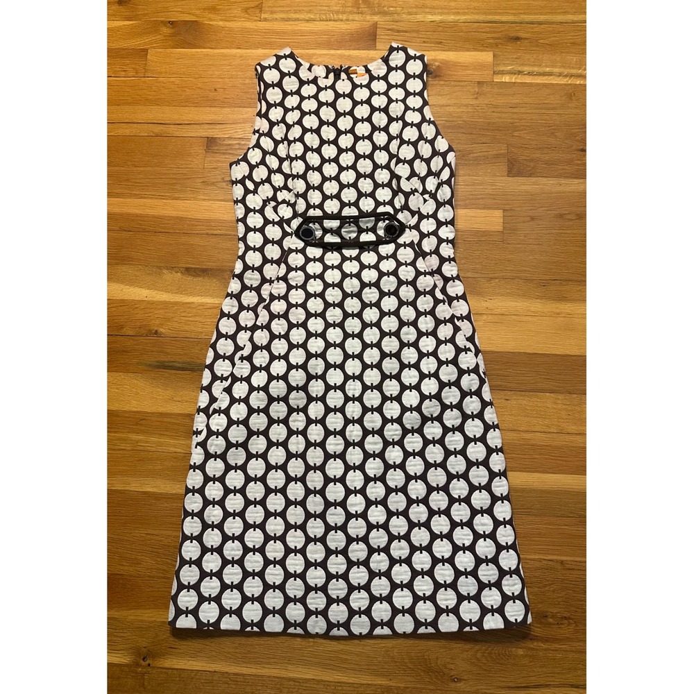 Tory Burch Brown White Geometric Circle Print Cotton Shift Dress Logo Detail 0